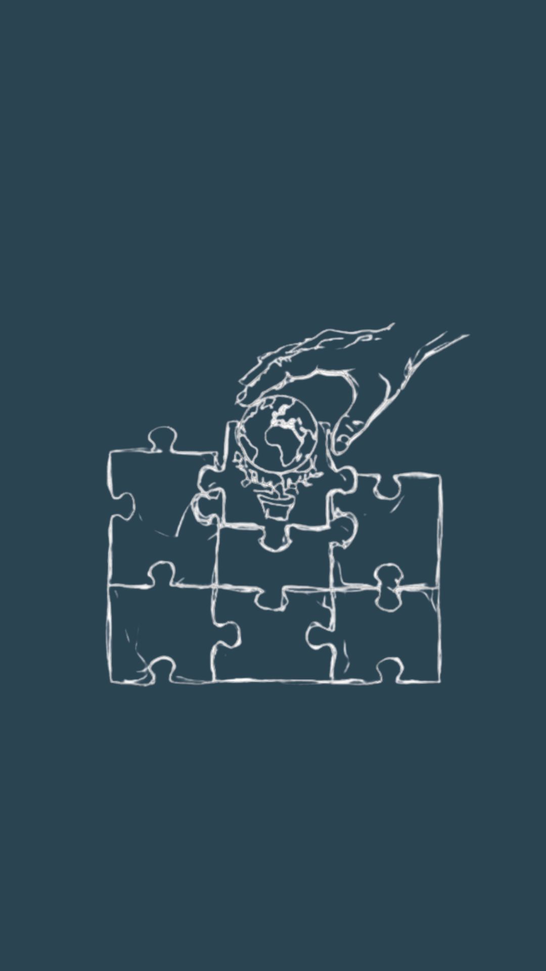 Szkic dłoni dokładającej ostatni element układanki – puzzel z grafiką rośliny w doniczce, której korona ma kształt planety Ziemi.