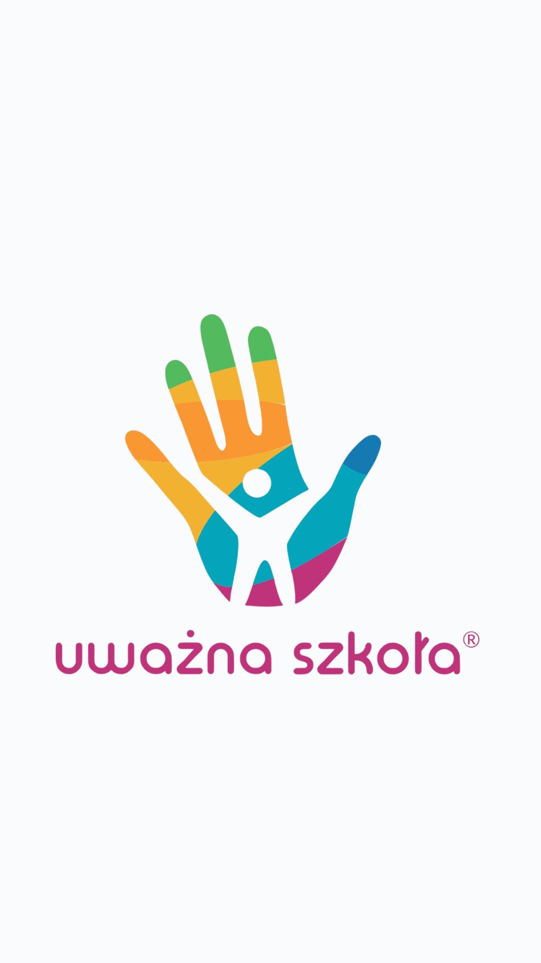 Logo Uważna Szkoła przedstawiające kolorowy zarys dłoni z wpisaną w środek białą postacią ludzką.